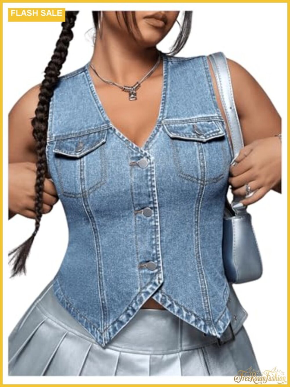Denim Vest Jacket Sleeveless V Neck Button Front Plus Size